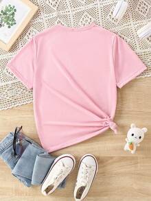 SHEIN 女童休闲字母卡通图案圆领短袖T恤，夏季 - 粉色 - 查看 5