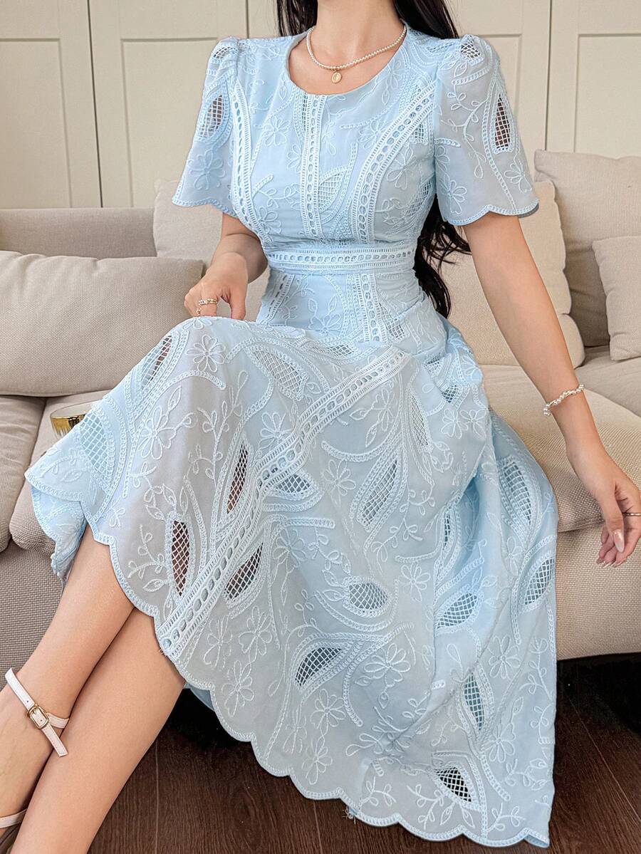 DAZY 女士优雅花卉蕾丝圆领泡泡袖中长连衣裙，夏季婚礼宾客礼服 - 藍色 - 查看 1