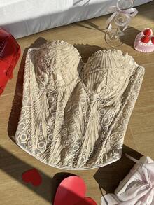 CovetEZ 大码女式蕾丝荷叶边性感抹胸塑身衣 - 白色 - 查看 4