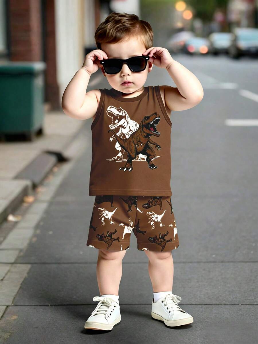 Baby Boy Casual Soft Comfortable Stylish Cartoon Dinosaur Print Sleeveless Round Neck Tank Top And Dinosaur Silhouette Print Shorts Set, Suitable For Spring/Summer - Multicolor - View 1