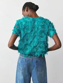 Maija Women's Casual Fashionable Street Style Vacation Minimalist Solid Color Frayed Hem Short Sleeve T-Shirt, Summer Fringe Tops Tassel Top Faux Feather Top St Patrick's Day Women Easter Summer Party Top Beach Holiday Vacation Going Out Graduation Casual Top Casual Blouses For Women - Green - View 2