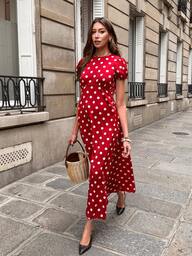 Pariaura French Vintage Red Polka Dot Maxi Dress - Women's Elegant Puff Sleeve Waist-Defining Long Dress For Spring Sweet Elegant Red Polka Dot Dress - Women's Romantic Puff Sleeve Slim Fit Maxi Dress For Summer Office Chic Red Polka Dot Maxi Dress - Women's Sophisticated Puff Sleeve Waist-Cinched Long Dress For Spring