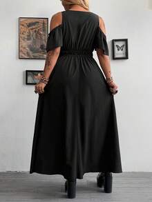 Whyspr Đầm dáng chữ A tay ngắn cổ chữ V phối ren, xẻ tà đôi, cỡ lớn, phong cách vintage punk thanh lịch dành cho nữ. - màu đen - Xem 2