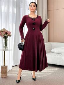 Feyla 大码女式撞色蕾丝圆领长袖蝴蝶结装饰优雅长裙 - 彩色 - 查看 5