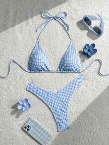 Swim Mod 女士格子比基尼套装，适合海滩度假 - 藍白色 - 查看 1