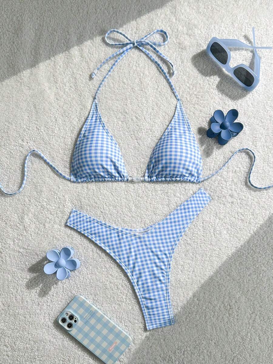Swim Mod 女士格子比基尼套装，适合海滩度假 - 藍白色 - 查看 1