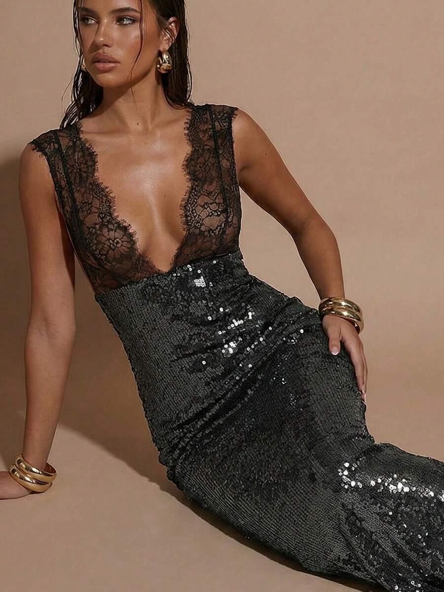 SHEIN BAE Women's Contrast Lace Deep V Neck Sequin Bodycon Sleeveless Dress,Spring, Summer Dress,Spring Outfit Women ,Summer Outfit For Women, Valentine's Day,Valentine Outfits For Women ,Elegant ,Vacation Outfits Women ,Summer Holiday Outfits ,Casual,Beach Outfit For Women, - Black - View 1