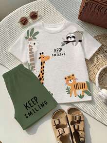 SHEIN 男童休闲T恤短裤套装（2件套），经典可爱动物印花 - 狮子、老虎、树懒、长颈鹿、卡通动物图案