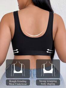 DesireSculpt 1pc Plus Size Wireless Lace Patchwork Front Closure Casual Comfortable Bra - Black - View 2