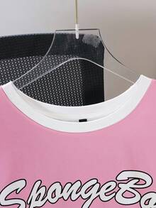 SpongeBob SquarePants | SHEIN Áo thun nam cỡ lớn cổ tròn tay ngắn in chữ và hoạt hình phối màu - trắng - Xem 4