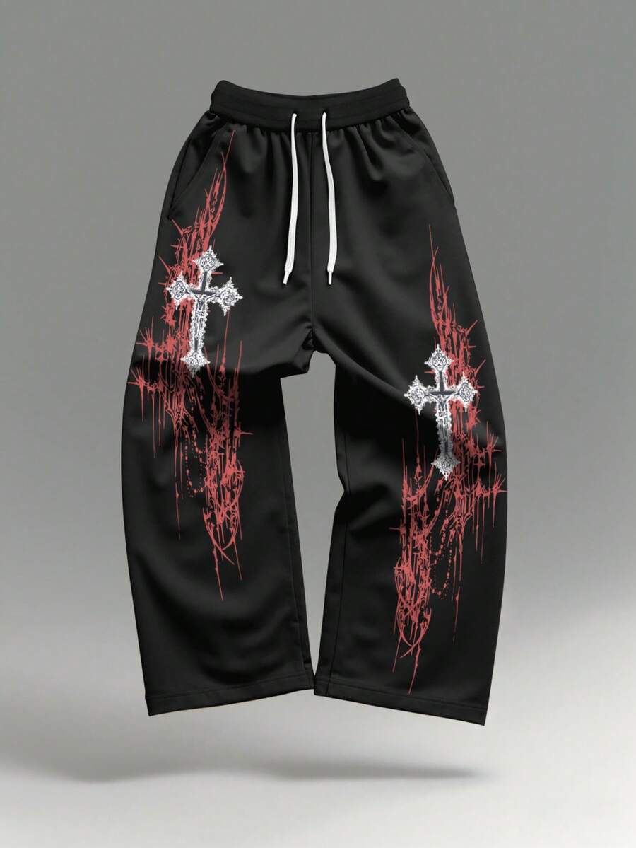 Manfinity EMRG Men's Casual Cross Print Drawstring Waist Sweatpants