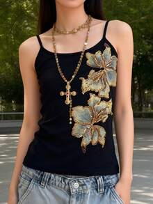 SHEIN Áo camo nữ cỡ lớn màu đen thêu hoa thanh lịch - màu đen - Xem 3