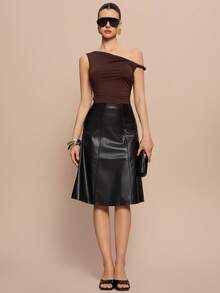 Leighera Chân váy dài chữ A bằng da PU màu trơn thời trang dành cho nữ - màu đen - Xem 2