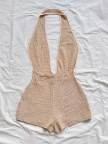 Soleia 大码女士度假针织纹理波浪图案深V领露背性感连体衣，时尚修身连体裤，适合派对、约会、下午茶、波西米亚风度假、海滩、夏季等场合。 - 杏色 - 查看 2