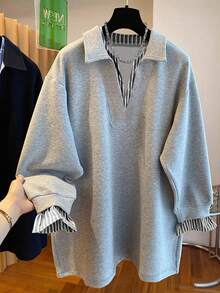 Resyla Plus Size Women Casual Everyday Commute Fashion Street Patchwork Striped Sweatshirt - Multicolor - View 1