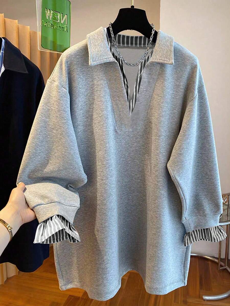 Resyla Plus Size Women Casual Everyday Commute Fashion Street Patchwork Striped Sweatshirt - Multicolor - View 1