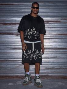 AXEPEAK Herren Lässig Set aus Flammen-Muster T-Shirt mit Strass und Shorts, Sommer - Schwarz - Übersicht 3