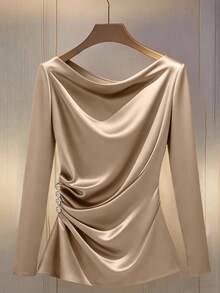 GlowEve CURVE Plus Size Women's Shiny Fabric Long Sleeve Shirt, Versatile For Commuting, Side Pleated Design With Buttons - Khaki - View 1