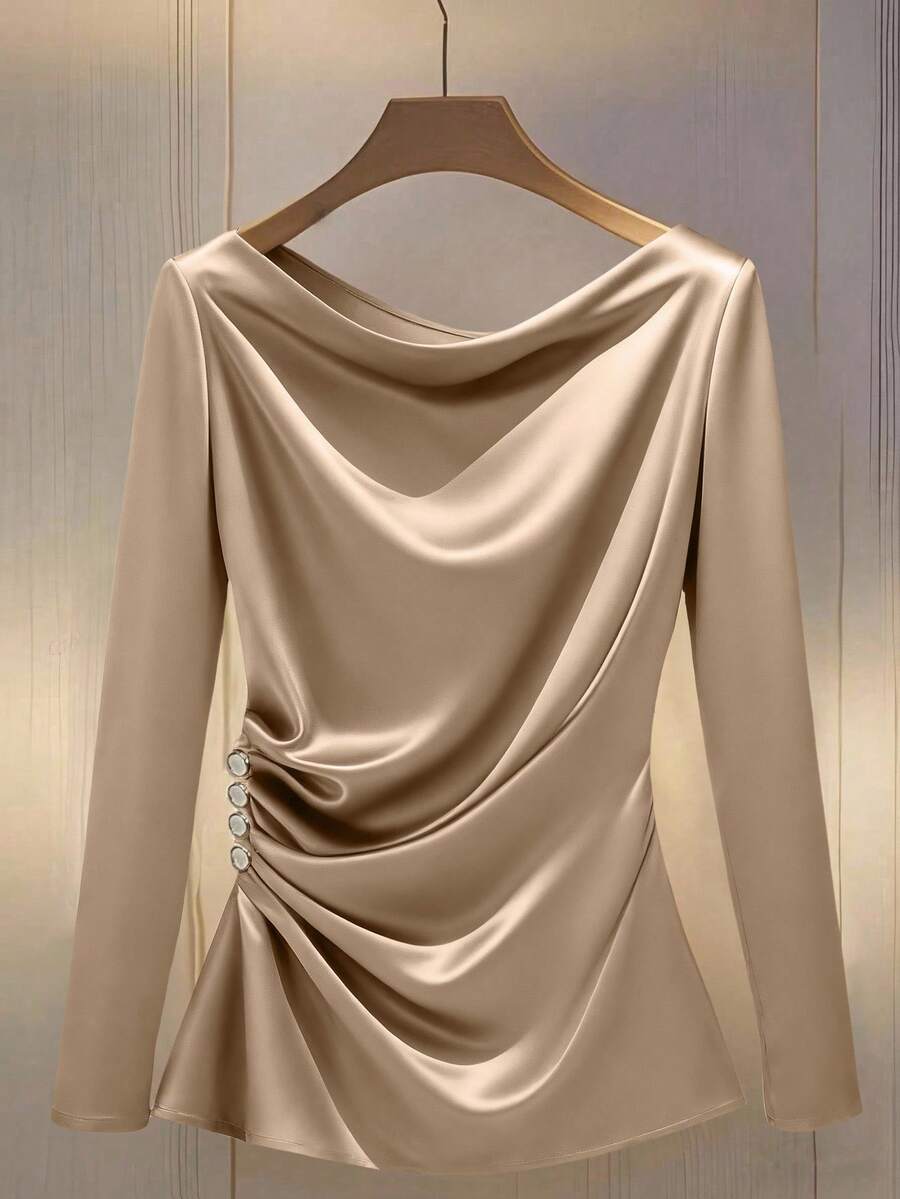 GlowEve CURVE Plus Size Women's Shiny Fabric Long Sleeve Shirt, Versatile For Commuting, Side Pleated Design With Buttons - Khaki - View 1