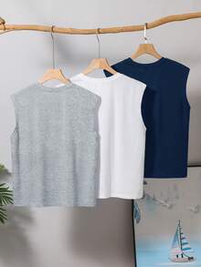 SHEIN Bộ 3 món đồ dành cho bé trai tuổi teen, phong cách đường phố thường ngày, màu trơn, in chữ, cổ tròn, dáng rộng, không tay, chất liệu dệt kim, 3 màu. - Màu xanh hải quân - Xem 2