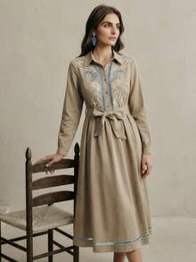 Anewsta 女士优雅刺绣镂空腰果花收腰长袖衬衫裙 女士刺绣连衣裙 波西米亚风连衣裙 - 綠色 - 查看 2