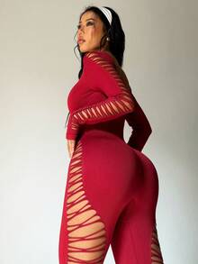 Slayform 纯色露背镂空紧身长袖连体裤