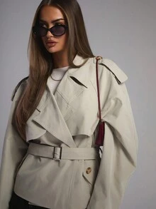 MUSERA Oversized Buckle Belted Short Trench Coat Summer Holiday Airport Streetwear , Winter, Back To School Office Work Everyday Spring - Apricot - View 5