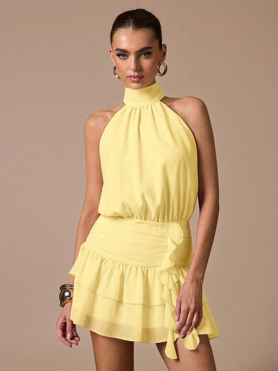 SHEIN BAE Sleeveless Ruffle Hem Solid Color Mini Sundress, Elegant Sweet Cute Fit Mini Dress, Suitable For Romantic Dates, Parties, Formal Gatherings, Bridesmaid Dresses, Summer Dresses, Tea Party Dresses, New Year, Valentine's Day, Birthday Mini Dress, Pink Dress ,Summer Dress - Yellow - View 1