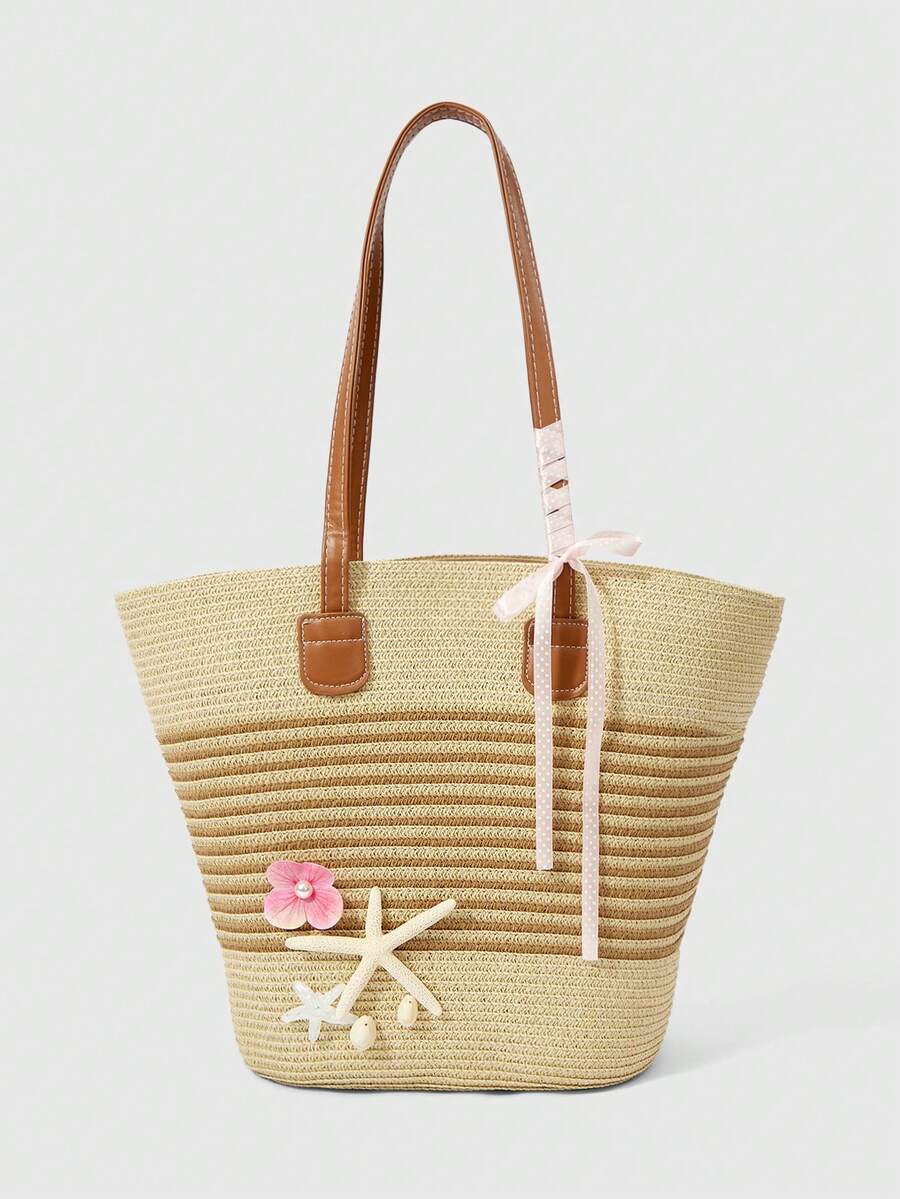 ROMWE Fairycore 1pc Summer Beach Starfish Series Shell & Seashell Woven Shoulder Hand Carry Bag, Beach Bag, Straw Handbag For Women (Charm Color & Style Randomly) - Multicolor D - View 1