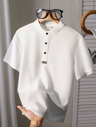 SHEIN Tween Boys' Casual Versatile Comfortable Stand Collar Half-Zip Loose Pullover Short Sleeve Solid Color Knit Polo Shirt, Suitable For Commuting, School, Casual, Travel, Sports, Spring/Summer