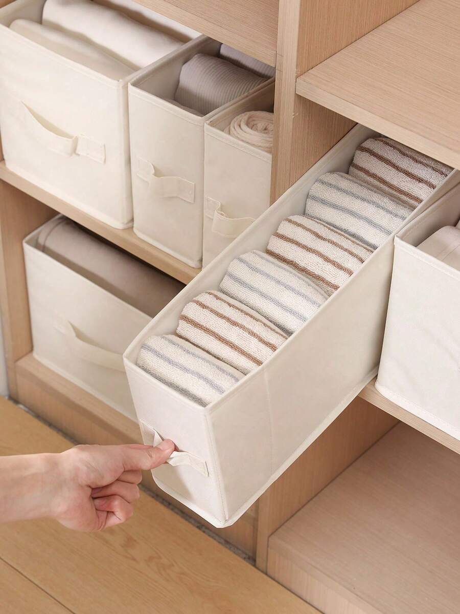 1pc Solid Color Narrow Long Gap Fabric Storage Box Drawer Style Wardrobe Clothes Organizer Rectangle Bin For Home Bedroom Closet Spring Cleaning Holiday Housewarming Gift - Beige - View 1
