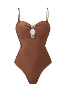 Swim Oasis Áo tắm liền thân gợi cảm, thanh lịch, khoét rỗng, đính kim loại dành cho nữ, kiểu dáng dự tiệc biển, nghỉ lễ, kèm áo khoác ngoài. - màu nâu - Xem 9