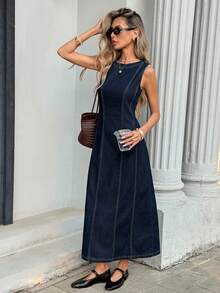 Serisse Women's Round Neck Sleeveless Casual Denim Dress