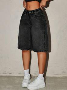 SHEIN Tall 女士休闲时尚街头百慕大牛仔短裤，适合日常通勤和夏季穿着 - 黑色 - 查看 5