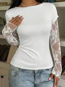 SHEIN EZwear Áo thun dài tay ôm dáng cổ thuyền phối ren xuyên thấu dành cho nữ cỡ lớn, thanh lịch, thích hợp cho mùa xuân, hè và thu. - trắng - Xem 6