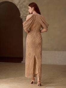 MOTF PREMIUM LACE OVERLAY CONTRAST SEQUINS RUCHED COLD SHOULDER SLIM FIT DRESS - Khaki - View 2