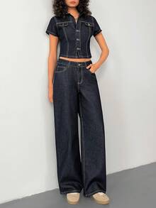 SHEIN Denim Woman Two Pieces Set Short Sleeve Shirt And Low Rise Jean - Dark Wash - View 5