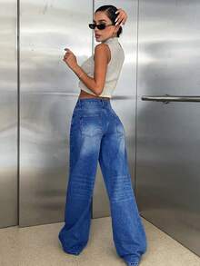 EURMUSE 100% Cotton LOW RISE WIDELEG CUT VINTAGE WASH Y2K STYLE JEAN - Medium Wash - View 2