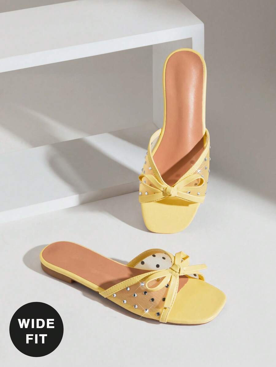 SHUZIA Sandal đế bằng lưới có nơ, dáng rộng, thoải mái dành cho nữ, thích hợp cho ngày Valentine. - Màu vàng - Xem 1