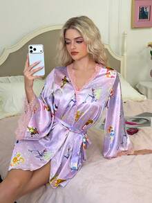 The Winx X SHEIN Women's Comfortable Contrast Lace Allover Print Robe, Autumn - Multicolor - View 3