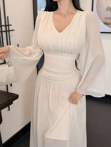 DAZY Đầm dài xòe cổ chữ V, thắt eo, giúp tôn dáng cho nữ, thích hợp mặc mùa hè. - Màu be - Xem 7