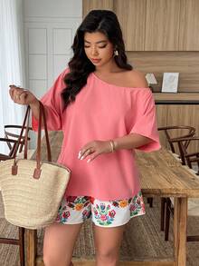 Weeklong Plus Size Women's Floral Print Asymmetrical Shoulder Loose Shorts 2-Piece Set, Casual Holiday Outfit Fall - Multicolor - View 4