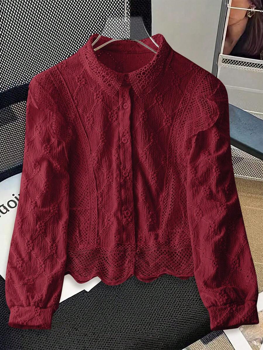 GlowEve Áo sơ mi dài tay nữ tối giản, chất liệu lưới, thêu họa tiết và cài nút, thích hợp mặc đi làm. - Đỏ - Xem 1