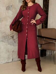 Roveilla 大码女式纹理面料圆领前扣金属腰带开衩口袋实用连衣裙，长袖，适合通勤、商务、度假、休闲、秋冬、圣诞节、新年等场合。酒红色女式连衣裙，酒庄风格女装，酒红色女装，长袖女式连衣裙，西部风格女式连衣裙，大码西部风格女装，纽扣前开襟女式连衣裙，红色长裙 - 酒紅色 - 查看 8