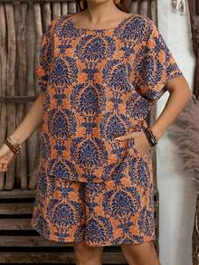 EMERY ROSE 两件套加大码女式度假植物印花短袖衬衫短裤套装，女士度假装，波西米亚风 - 橘色 - 查看 4