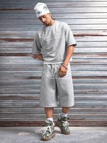 AXEPEAK Men's Casual Fashion Street Daily Commute Letter Print Drop Shoulder Loose T-Shirt And Drawstring Waist Shorts Set, Summer - Light Grey - View 7