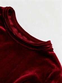 GlowEve Petite 女士天鹅绒修身收腰优雅日常通勤时尚法式街头复古百搭圣诞派对新年假日商务酒红色长袖连衣裙，秋冬款 - 酒紅色 - 查看 3