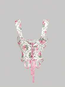 SHEIN MOD Vintage Floral Plaid Print Cross Tie Corset-Style Tank Top – Perfect For Vacation, Date, Picnic, Party, Prom, Festival, And Birthday; Romantic Vintage Court Style Flower Print Floral Bustier Top Floral Top Pink Ribbon Top, Valentine's Day, Carnival Costume - Multicolor - View 2