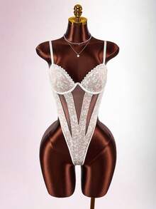 Amplova Elegant White Semi Sheer Cami Bodysuit With Intricate Lace Details - White - View 3