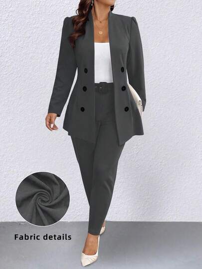 Elenzga 2 piezas Conjunto de top de manga larga y pantalones de unicolor talla grande